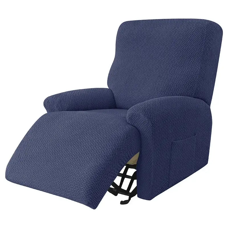 Navy blue textured stretch recliner cover featuring velvet plush material for living room use