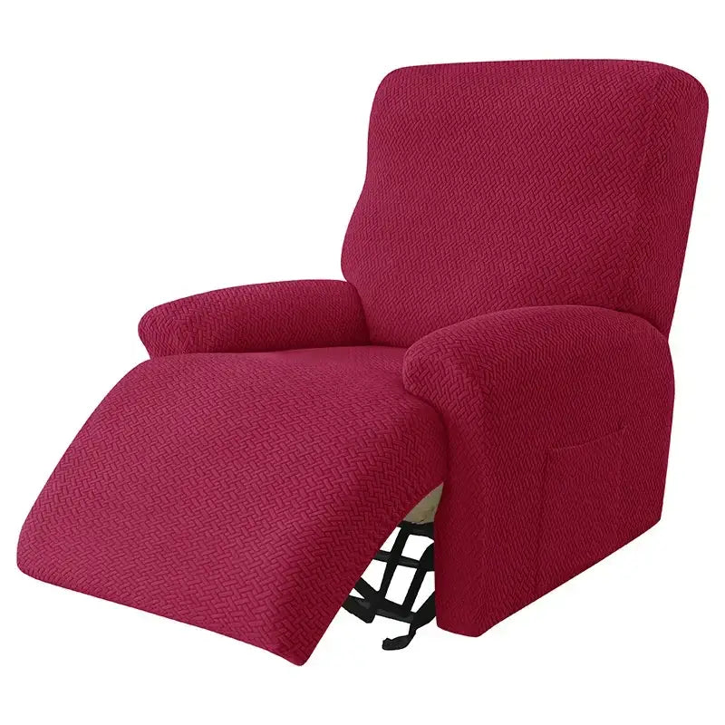 A vibrant red textured velvet plush recliner cover snugly fitted over a classic rocking chair with black metal frame