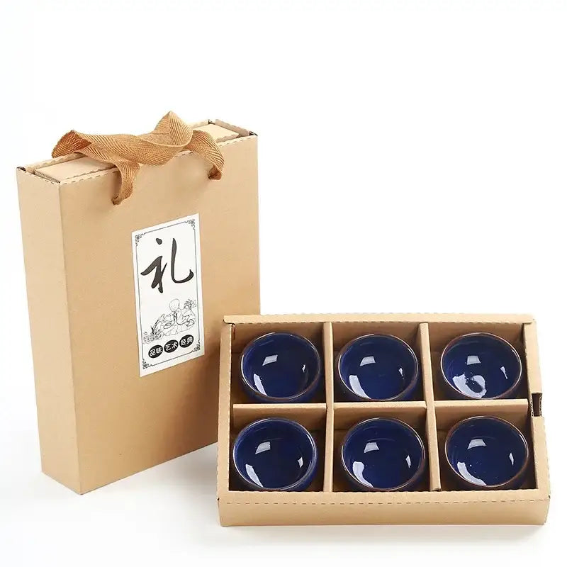 Set of six deep cobalt blue cracking ceramic tea cups in a matching gift box for decorbites ice cracking dining room set