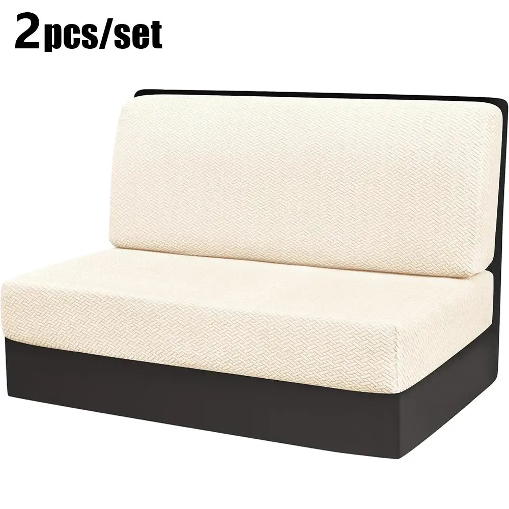 Beige jacquard woven rv sofa cover with cream textured fabric and black frame for living room furniture protection