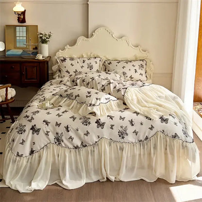 Cream-colored butterfly-themed bedding set with beige lace ruffles and black floral patterns for bedroom decorbites beige lace decor