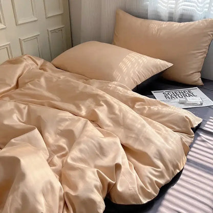Beige satin duvet cover set with matching pillowcases featuring a smooth glossy finish in decorbites ice silky solid bedding set