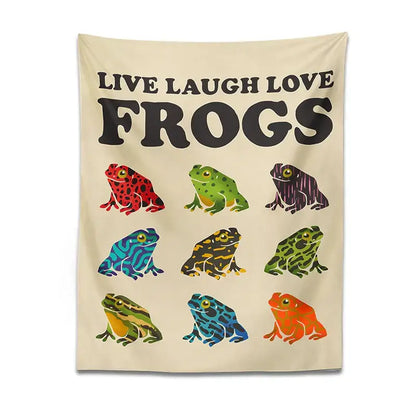 Beige live laugh love frogs tapestry wall hanging with bold black text and colorful frogs for bedroom decorbites frogs tapestry