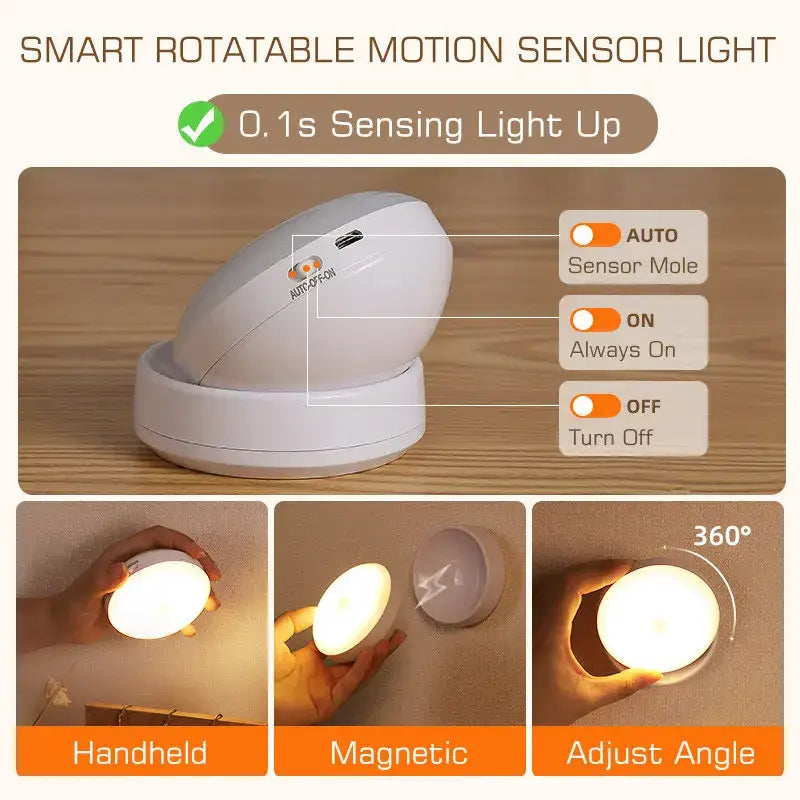 Beige motion sensor rotate night light with white sleek plastic body and magnetic base for bedroom wall use