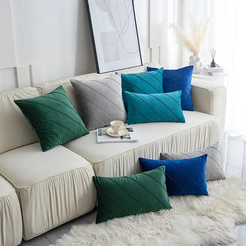 Set of emerald green teal blue and gray velvet throw pillows with diagonal stitches for hand pleat embroidered cushions