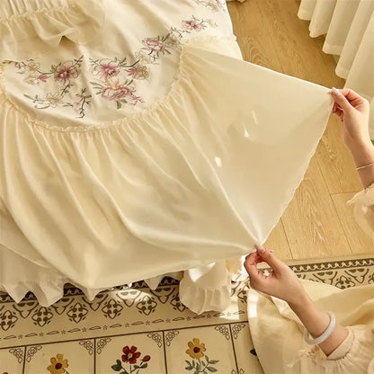 A beige pink lace embroidery bedding set featuring delicate floral embroidery and a ruffled hem for decorbites beige pink decor