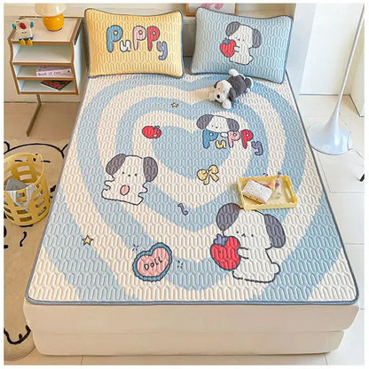 Beige and red cartoon pattern latex mattress quilted bed sheets featuring a cute blue and cream puppy-themed decorbites cartoon pattern
