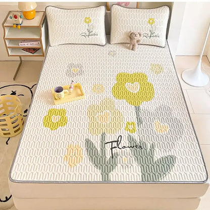 Beige and red cartoon pattern latex mattress quilted bed sheets with white quilted bed pad decorated with floral patterns and flower embroidery