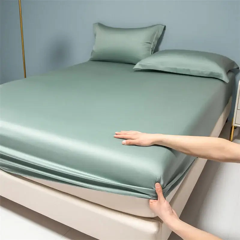 Smooth sage green satin fitted sheet with elastic edges from the decorbites 1000tc egyptian cotton bedroom set