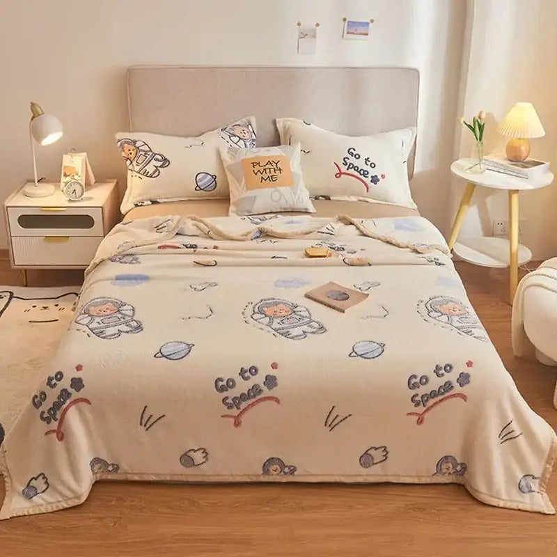 Beige space astronaut cartoon flannel blanket with planet and astronaut prints and go to space text for bedroom decorbites cartoon flannel