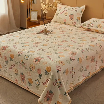 Beige space astronaut cartoon flannel blanket with soft cream fleece and pastel bear floral hello pattern by decorbites cartoon flannel