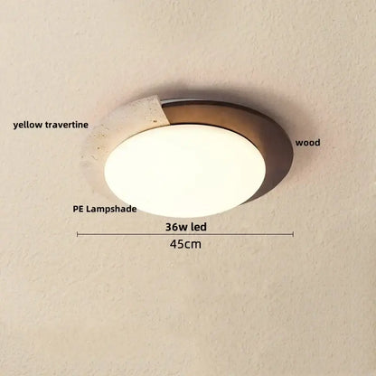 Beige speckled stone led ceiling light with oval warm white pe shade framed by bronze wood ring and yellow travertine accent