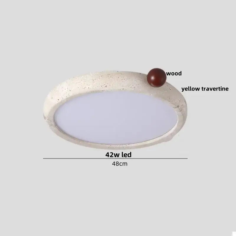 Beige speckled stone led ceiling light with oval pe shade featuring textured white concrete frame and dark wood sphere detail