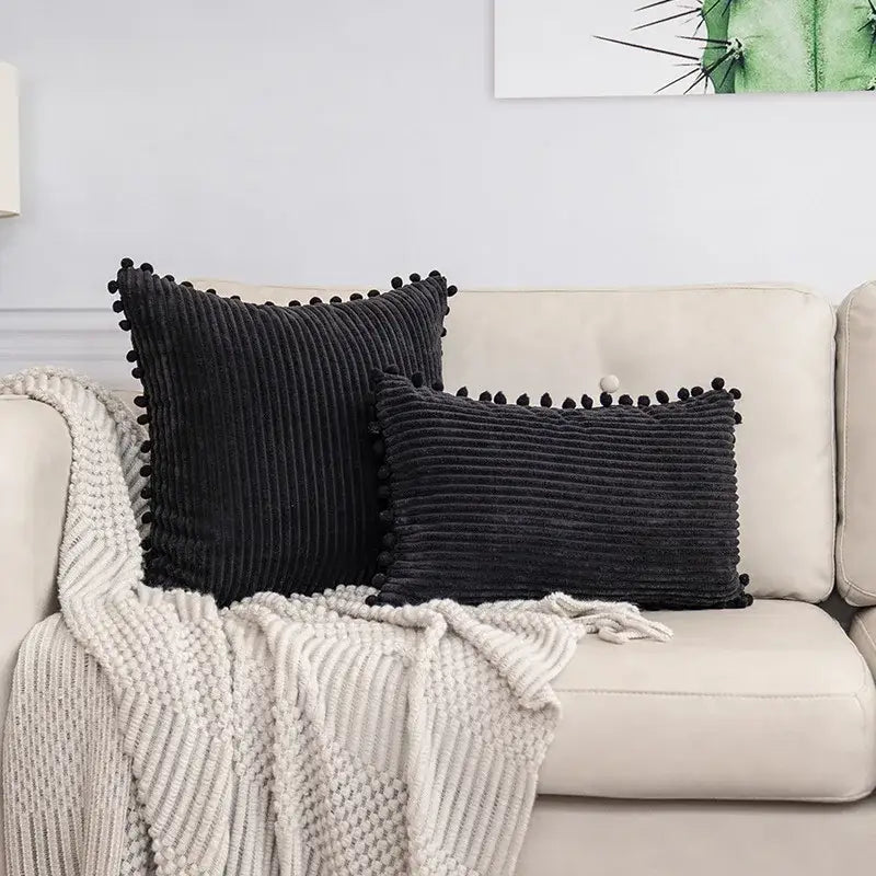 Black corduroy throw pillows with black pom pom trim complement decorbites beige striped cushion cover decor