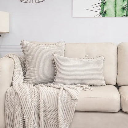Beige striped corduroy cushion cover with pom pom trim made of soft fabric for living room decorbites beige striped lumbar