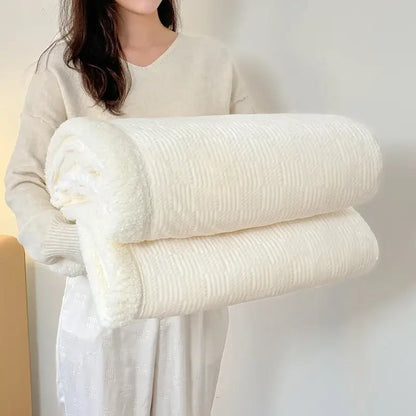 Beige textured cozy lamb wool blanket with soft ribbed pattern and plush surface ideal for living room decorbites cozy lamb use