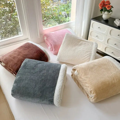 Four folded beige textured cozy lamb wool blankets with plush white sherpa lining for living room decorbites cozy lamb throw