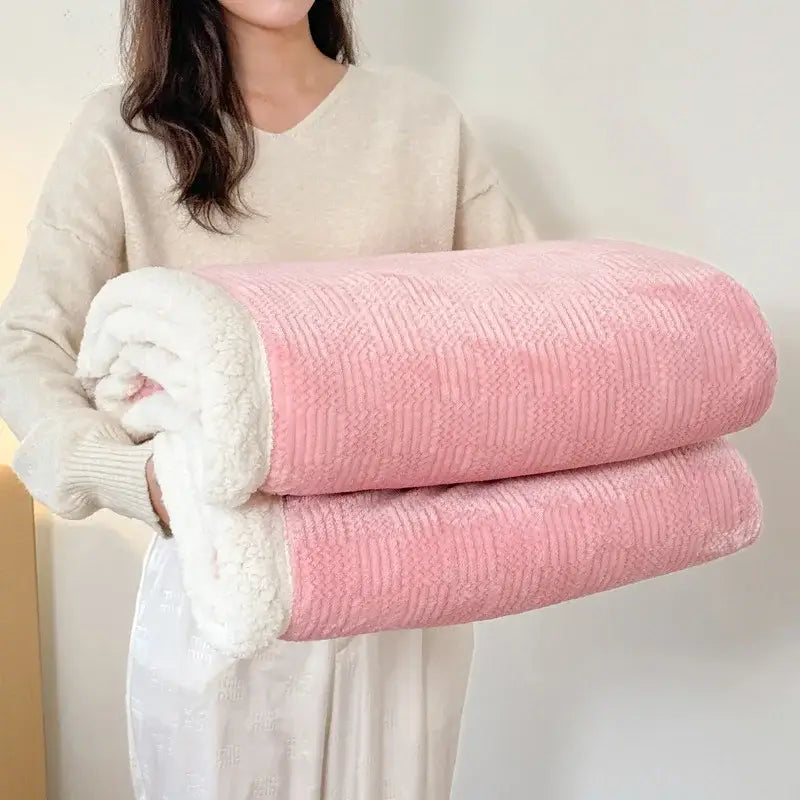 Beige cozy lamb wool blanket with pink and white ribbed fleece texture for living room decorbites cozy lamb throw
