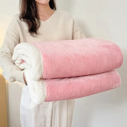 Beige cozy lamb wool blanket with pink and white ribbed fleece texture for living room decorbites cozy lamb throw