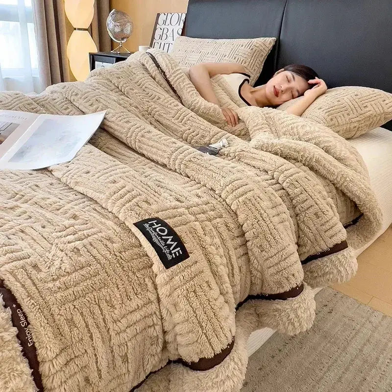 Beige textured cozy fluffy fleece blanket with brown trim and homme label ideal for warm bedroom decorbites cozy fluffy throw