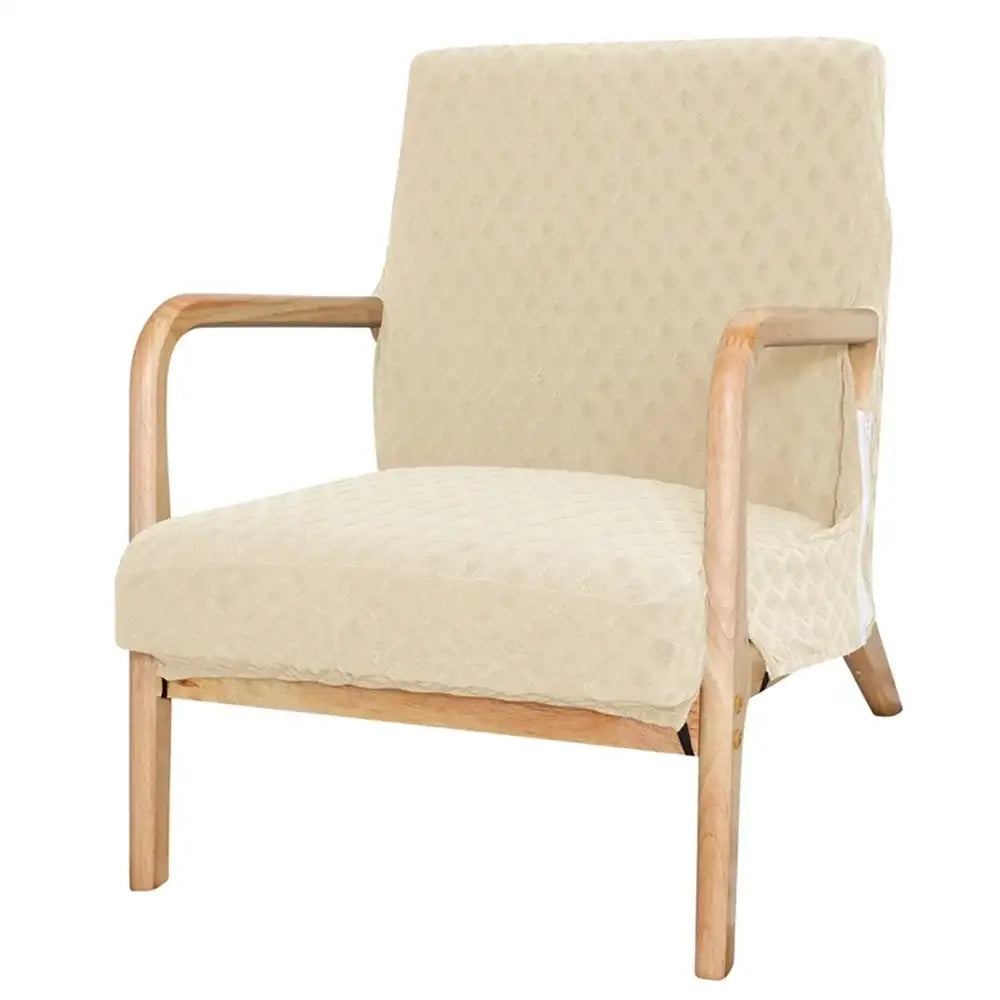 Beige upholstered armchair with light wood frame featuring decorbites jacquard elastic seat cover for dining room decor