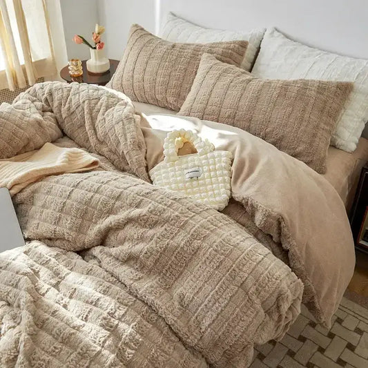 Beige textured quilted rabbit velvet bedding set with matching pillows and soft cozy decorbites cozy rabbit fabric finish