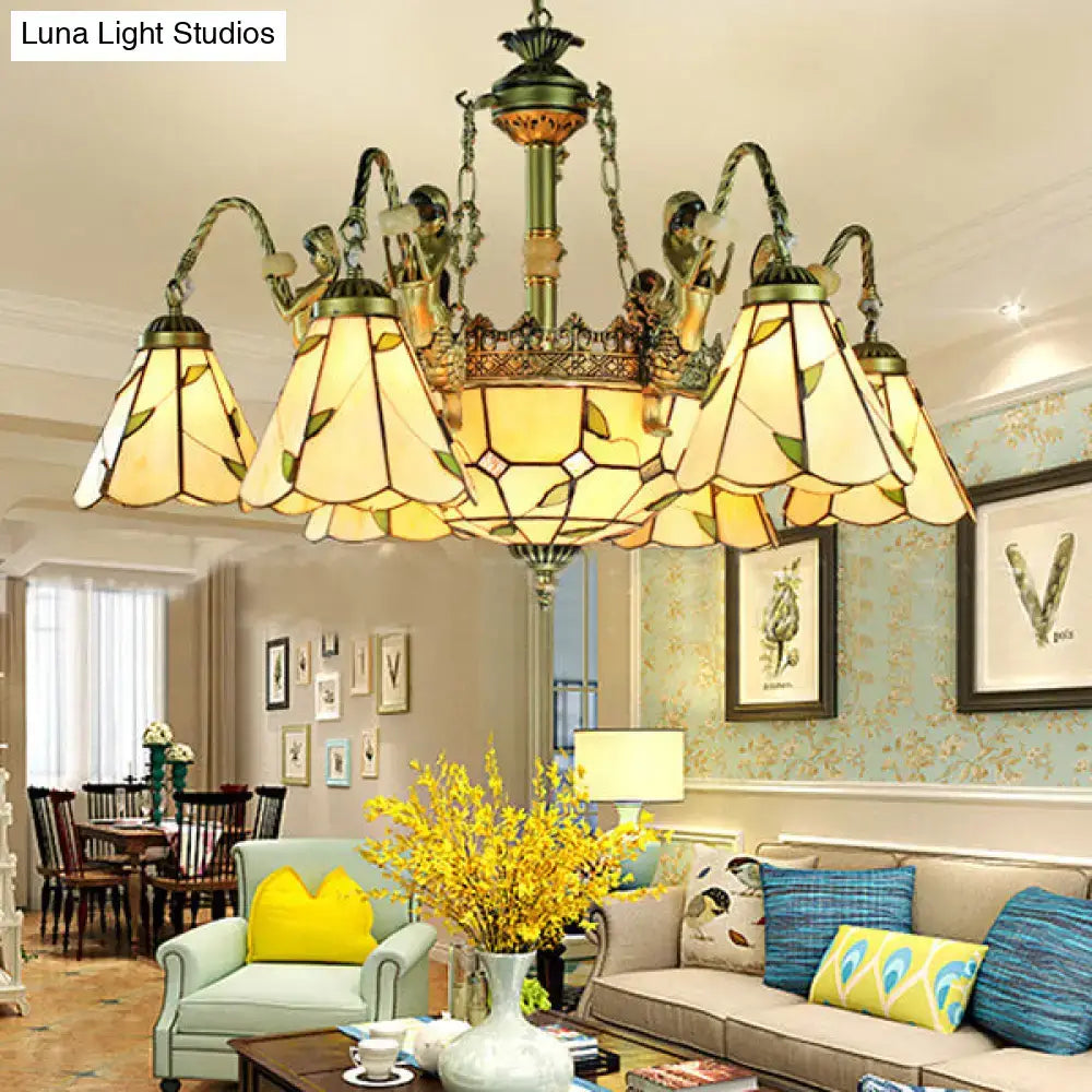 Antique-style DecorBites beige tiffany cut glass pendant chandelier with stained glass conical hanging light shades
