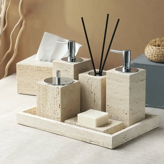 Beige travertine marble bathroom accessory set with chrome pump dispensers and matching tray by decorbites beige travertine