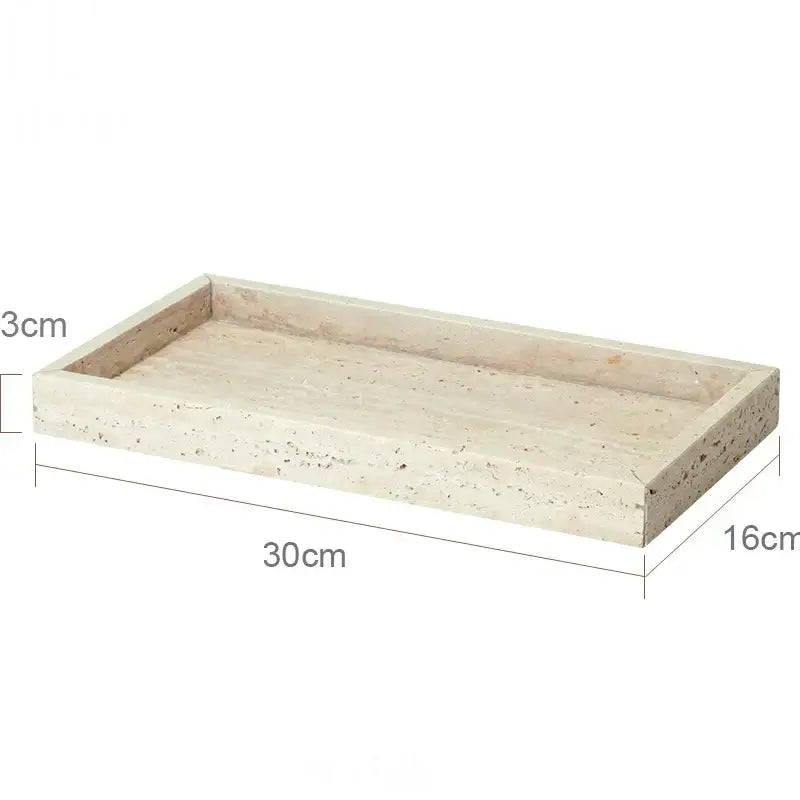 Beige travertine marble rectangular tray with textured natural surface and slightly raised edges for bathroom decorbites set