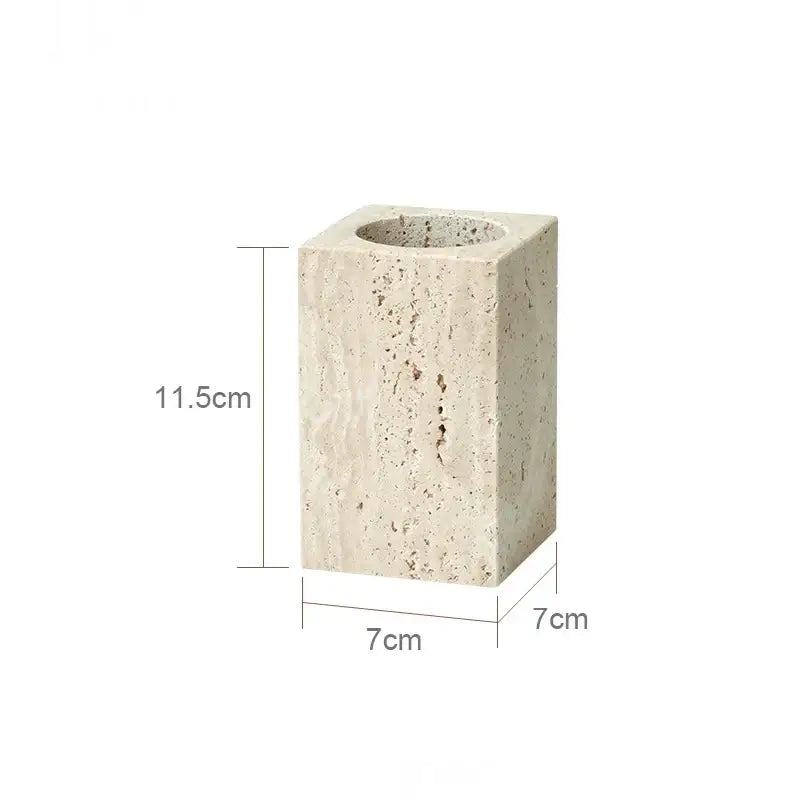 Beige travertine marble cylindrical vase with speckled surface and square base from decorbites beige travertine set