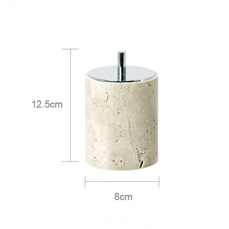 Beige travertine marble cylindrical bathroom container with chrome lid and stem from decorbites beige travertine set