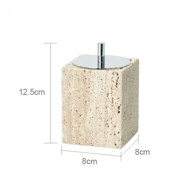 Beige travertine marble textured stone toilet brush holder with sleek chrome circular top from decorbites beige travertine set