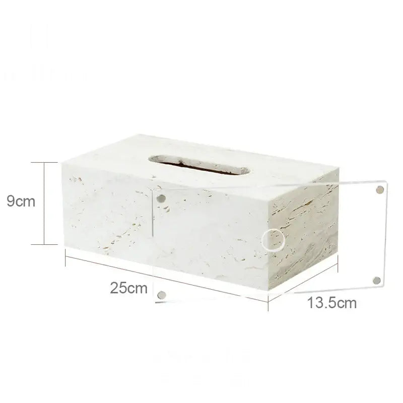 White textured concrete tissue box with rectangular slot in decorbites beige travertine marble bathroom set