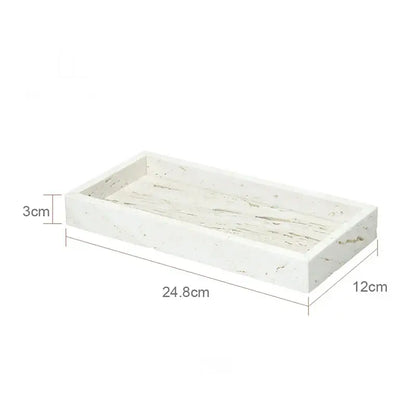 Beige travertine marble rectangular tray with marbled texture and raised edges in decorbites travertine marble bathroom set