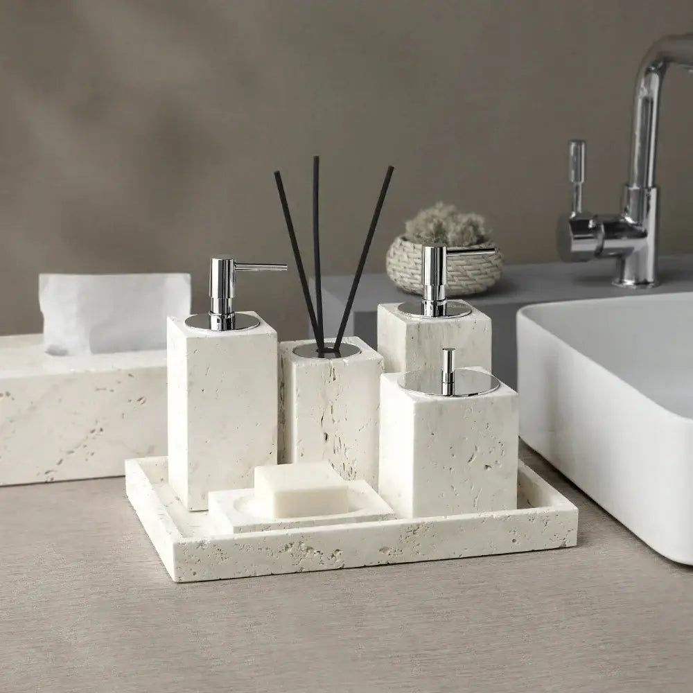 Beige travertine marble bathroom tray set with chrome pump dispensers and soap dish for elegant decorbites beige travertine decor