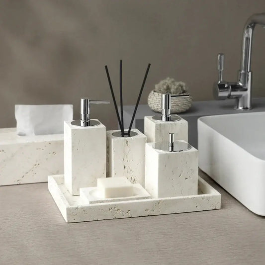 Beige travertine marble bathroom tray set with chrome pump dispensers and soap dish for elegant decorbites beige travertine decor
