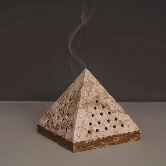 Beige travertine marble pyramid incense holder with textured natural stone and circular holes for living room oud burner decorbites beige travertine