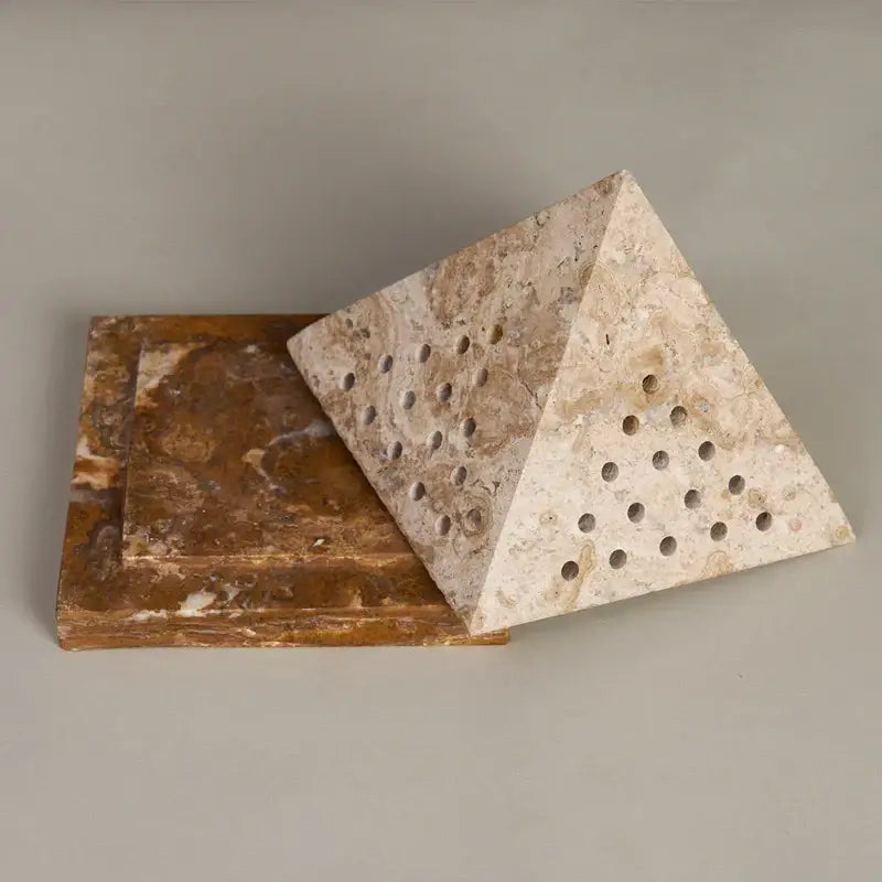 Beige travertine marble pyramid incense holder with circular holes and matching slab for living room oud burner decorbites beige travertine