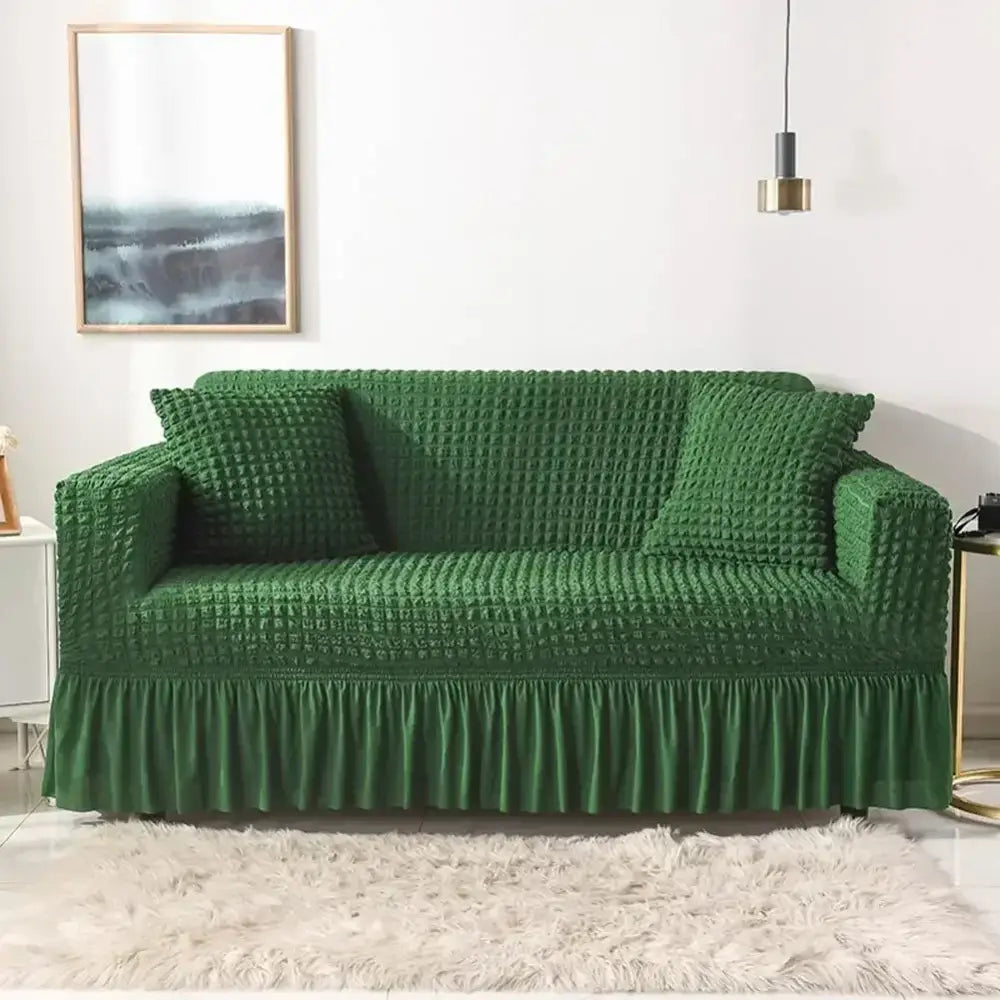 Green waffle-textured cozy sofa cover with ruffled hem slipcover for living room beige cozy sofa cover alternative