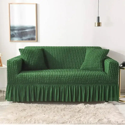 Green waffle-textured cozy sofa cover with ruffled hem slipcover for living room beige cozy sofa cover alternative