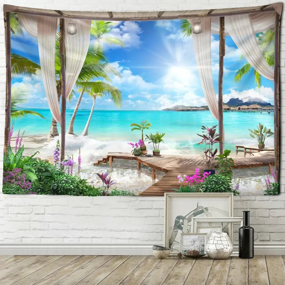 Beige and white cotton curtain-bordered tapestry featuring a coconut forest sea view for bedroom wall decor