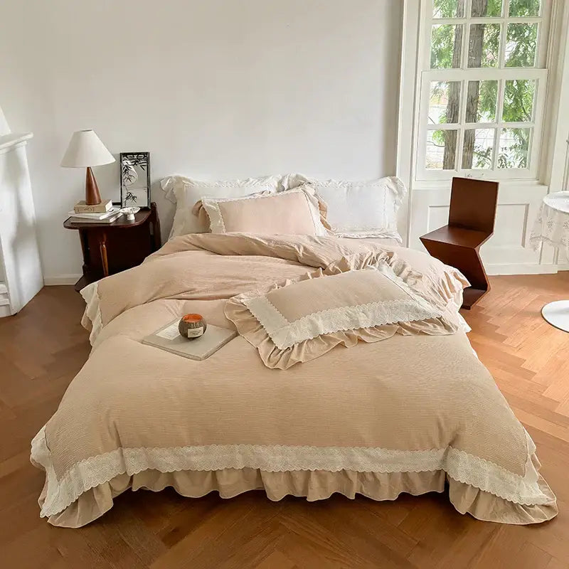 Beige and white lace ruffles bedding set featuring a textured duvet cover with delicate lace trim and ruffled edges