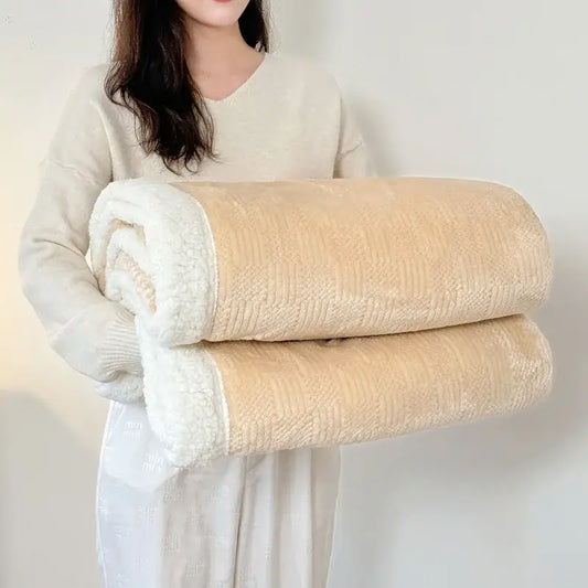 Beige and white ribbed coral fleece jacquard blanket with plush fleece jacquard texture for bedroom throw use