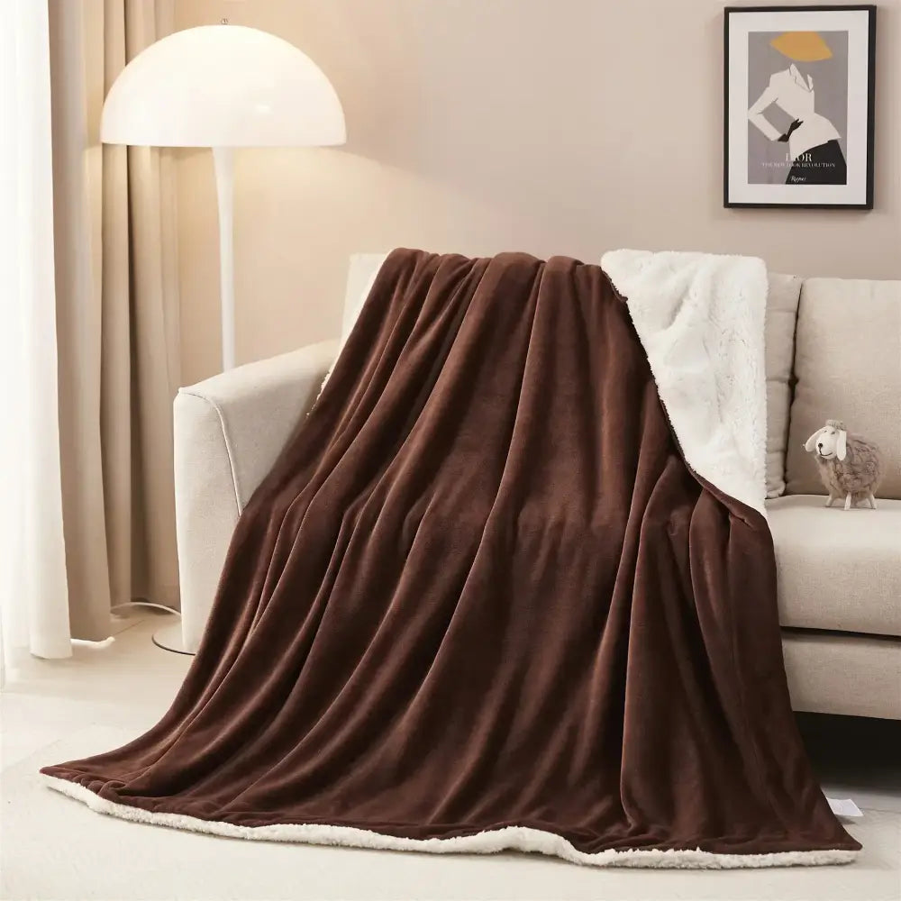 Beige and white sherpa twin blanket with brown plush exterior and soft white sherpa lining for decorbites cozy sherpa use