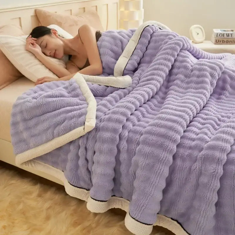 A plush lavender fleece rabbit plush blanket with ribbed texture and cream sherpa lining for cozy decorbites decor
