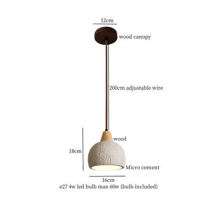 Beige wood grain columnar micro cement pendant light with textured off-white shade and wooden canopy for kitchen decorbites decor