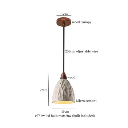 Beige wood grain columnar micro cement pendant light with wooden canopy and adjustable 200cm wire for kitchen decor