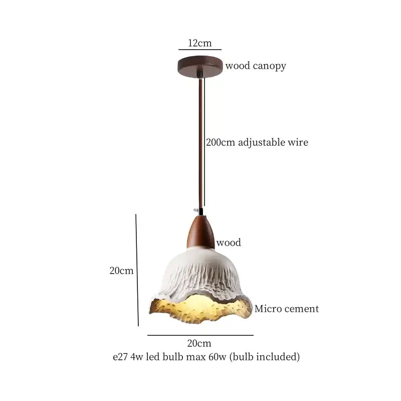 Beige wood grain columnar micro cement pendant light with white textured petal design and wooden canopy for decorbites columnar micro