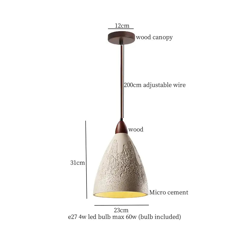 Beige wood grain columnar micro cement pendant light with textured off-white shade and rustic wood canopy for kitchen decor