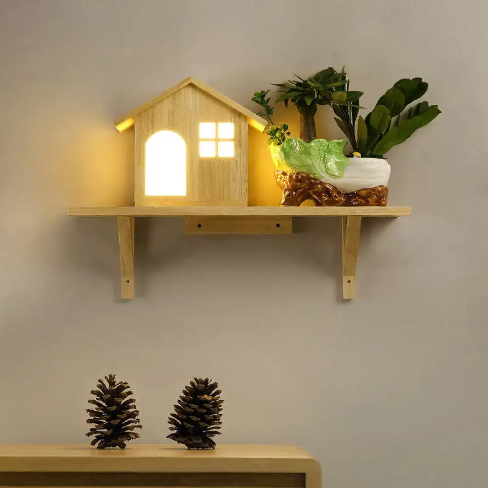 Beige wooden house wall sconce with storage shelf and warm white light illuminating arched and window openings